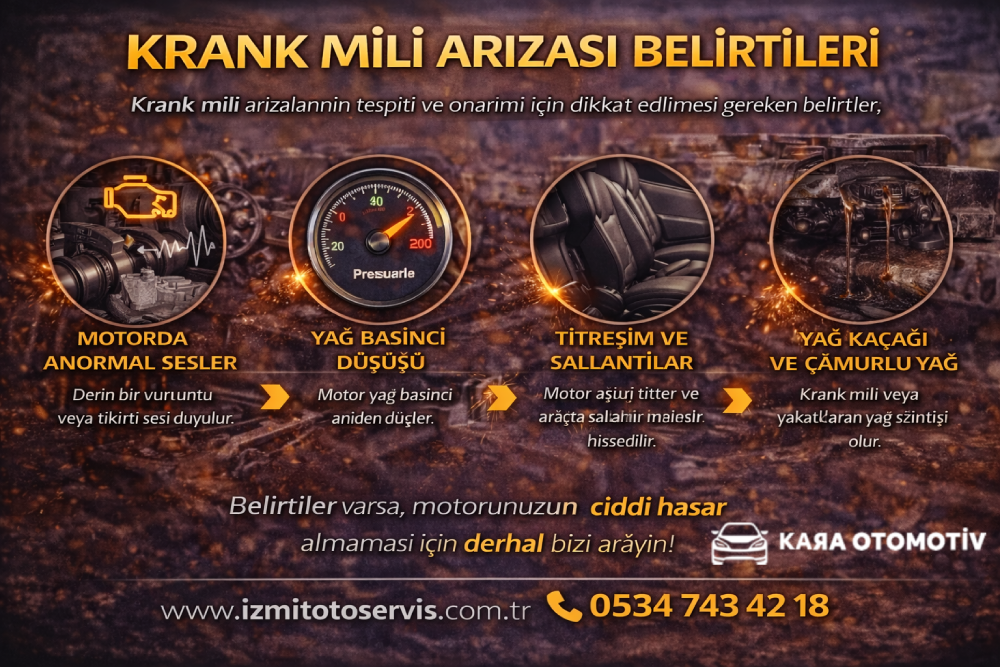 Krank mili arızası belirtileri, motor krank milinde oluşan arızaların belirtilerini gösteren görsel