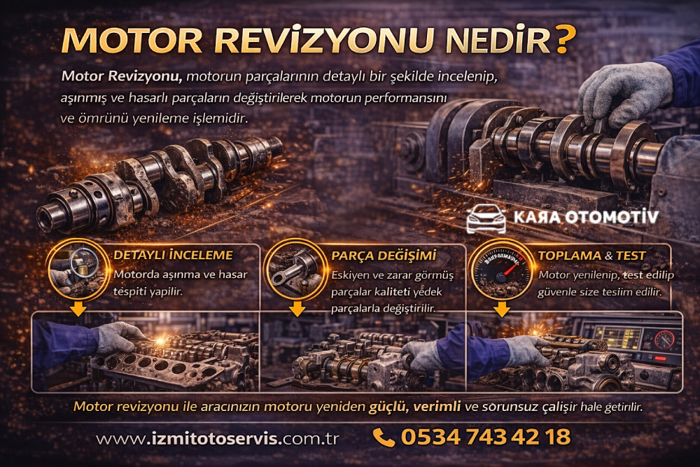 Motor revizyonu işlemi sırasında krank mili ve motor parçalarının detaylı incelemesi
